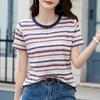 Women Multicolor Horizontal Stripe Crew Neck Short Sleeve Casual T Shirt