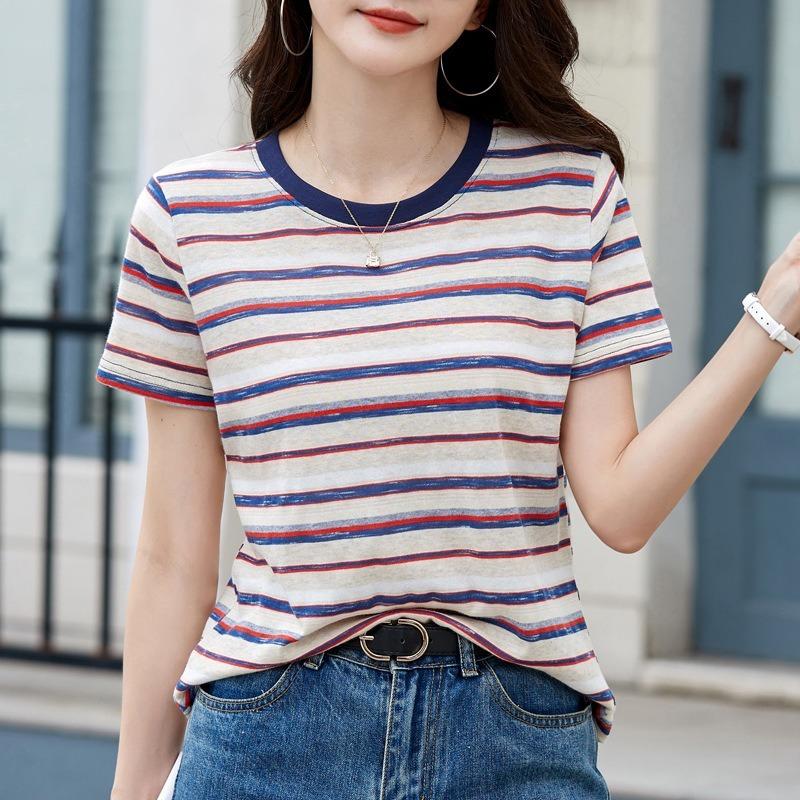 Women Multicolor Horizontal Stripe Crew Neck Short Sleeve Casual T Shirt