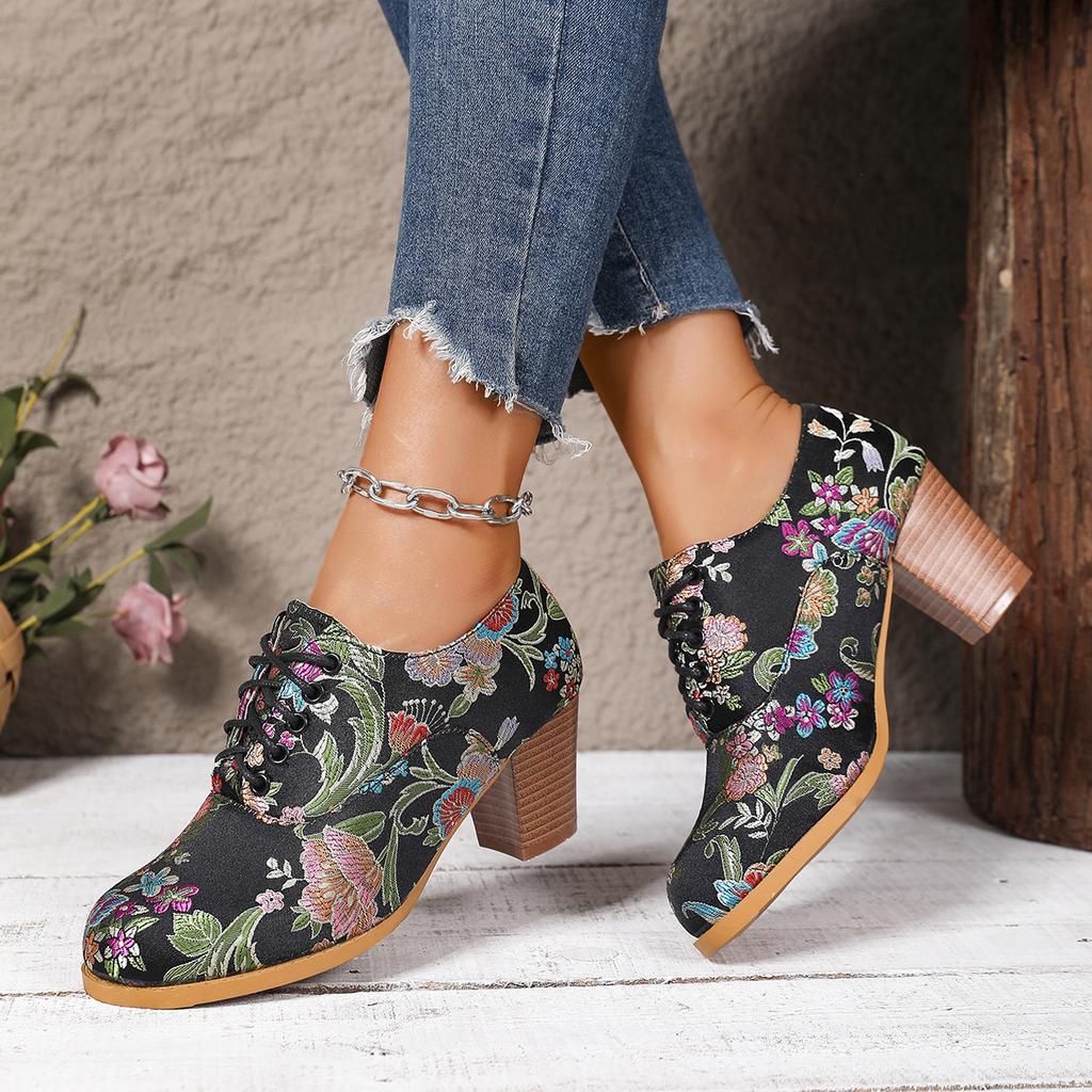 Vintage satin embroidered short boots women's lace-up high heels thick heel pointed head large size fashion boots European size