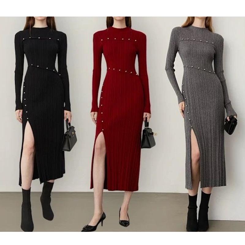 Elegant French High-Waisted Slit Knit Dress - Women s Autumn/Winter 2025 Large красный