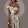 Summer Floral Off Shoulder Puff Sleeve Maxi Dress for Woman Robe Sexy Lace Up Side Split Chic Mid-Calf Aesthetic Dress