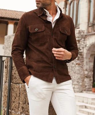 AL KHALID Stylish Shirt Casual Handmade Men's Brown Soft Suede Leather Shirt Real Lambskin
