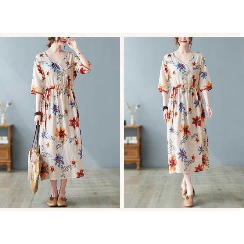 Nowe luźne plus size drukowane sznurki do wiązania w pasie etniczny styl dekolt w serek rękaw pięciominutowy literackie długie sukienki