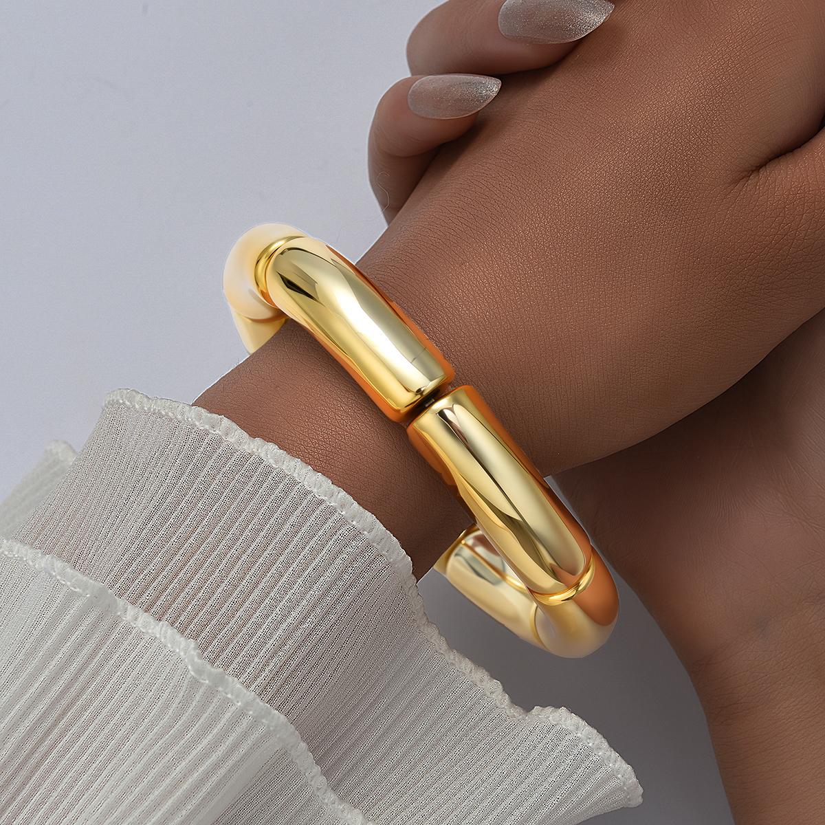 

Vintage Gold Color Chunky Bangles For Women Metal Stack Layered Curved Bamboo Tube Stretch Bracelets Daily Wear Jewelry Gift New