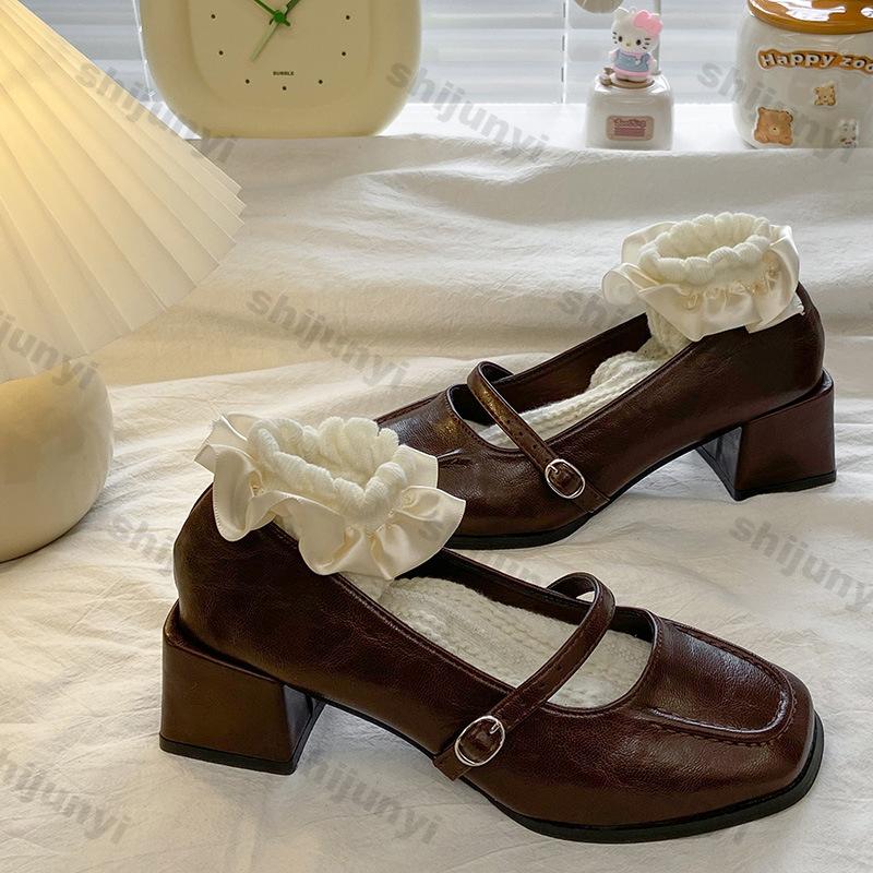 Fashion Women Vintage Square Head Mary Jane Shoes Spring Fashion Shallow Ladies British Style Elegant Square Heel Single Shoes Pumps