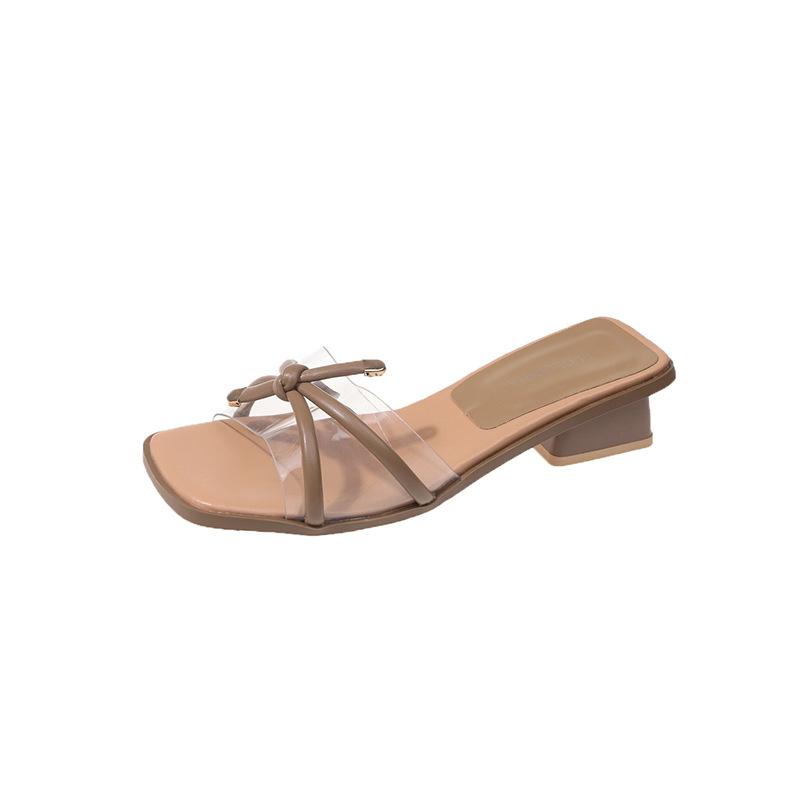 Transparent sexy outer slippers 2025 summer new bow fairy style thick heel square head open toe sandals