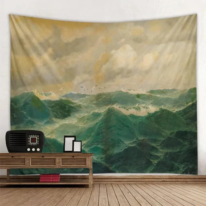 Retro Oil Painting Beach Pattern Tapestry Home Wall Decoration Tapestry Bedroom Living Room Tapestry