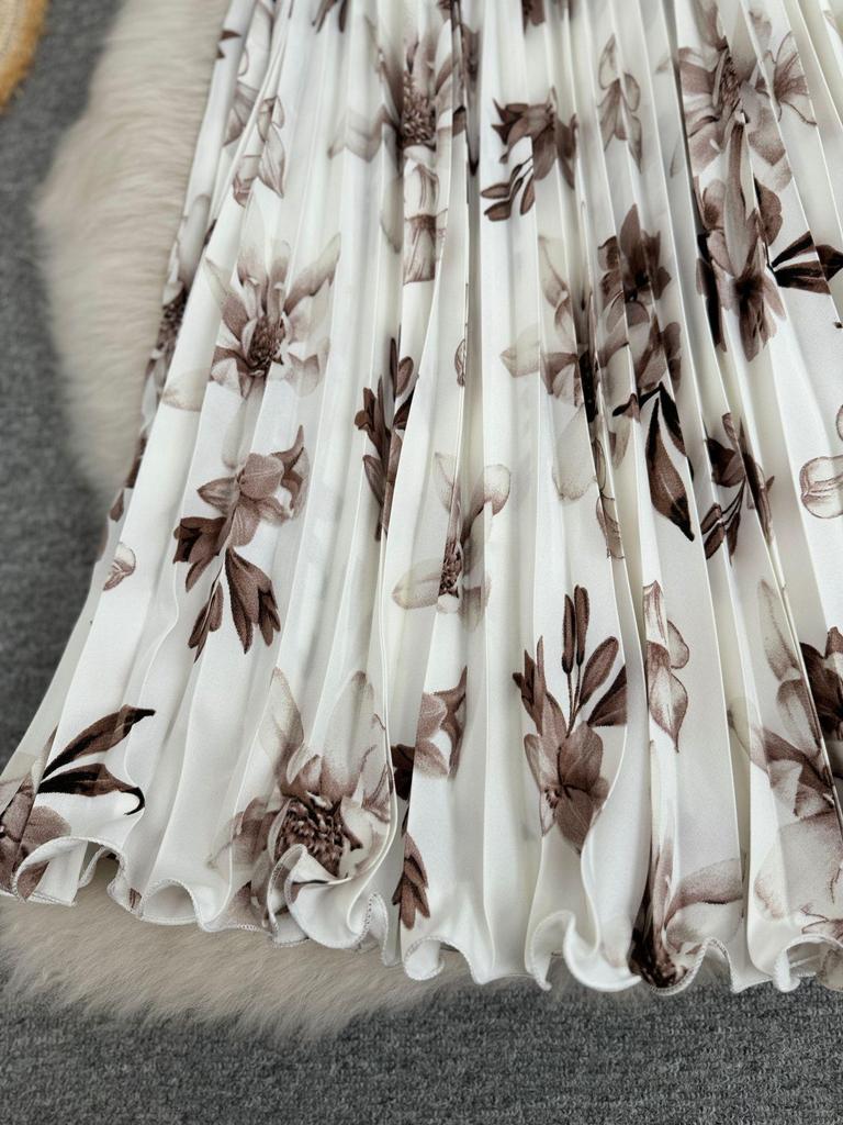 Women's Versatile High Waist A-Line Floral Pleated Midi Skirt