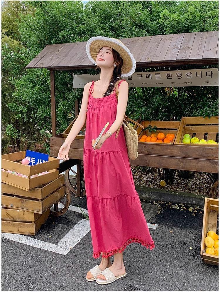 שמלת קיץ בהירה מידה גדולה לנשים אדום ורד גופיית פרינג' שמלת חוף