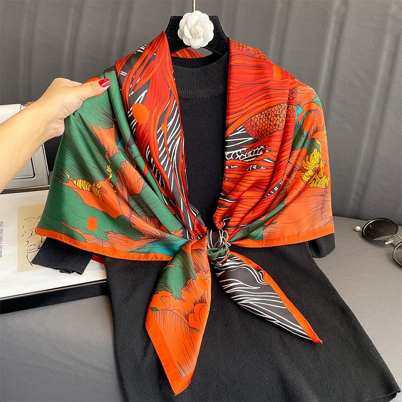 110x110cm Women Silk Square Scarf Hijab Female Design Print Lady Shawl Wraps Foulard Headbands Bufanda Large Bandana Luxury