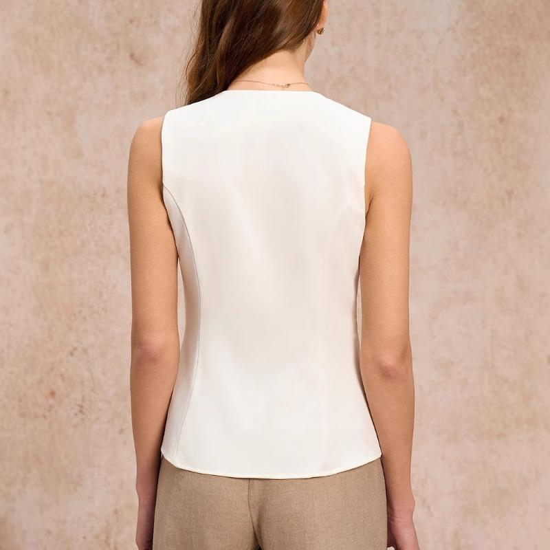 Women Crew Neck Sleeveless Waistcoat Vest Solid White Multi Button Slim Fit Office Blazer Top