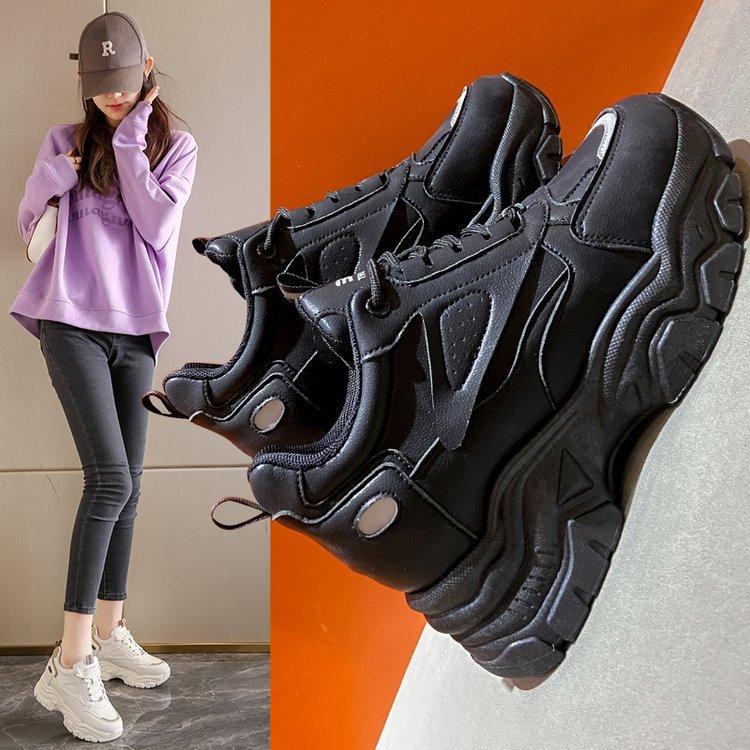 Shoes Women's Spring and Autumn New Leather Sports Casual Shoes Platform-soled Lace-up Student High-heeled Single Shoes