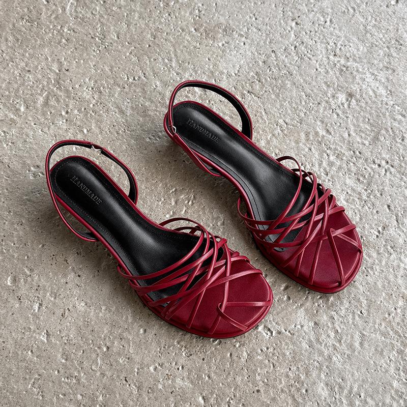 

Roman hollow cat heel sandals 2025 new summer red niche design cross belt buckle sandals 39 бордовый