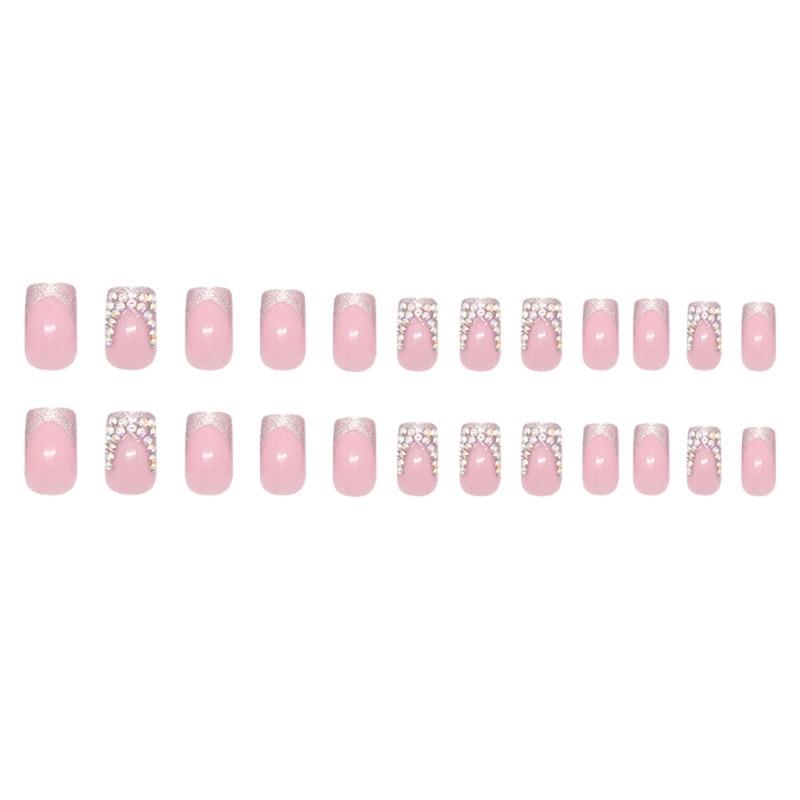 24 Stück Französische Spitze Press-On Nägel Strasssteine Falsche Nägel Quadratisch Acryl Nägel Elegant Vollabdeckung Aufkleber Nägel für Frau