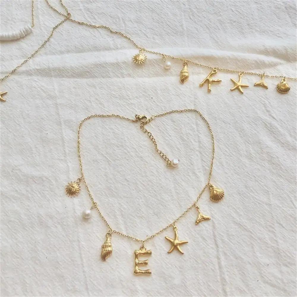 Gold Color Shell Necklace Copper Pearl Choker Simple Letter Pendant Necklace  Women