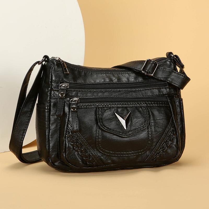 Leren Crossbody Tas met Meerdere Ritsen, Gevlochten Detail en Klepzak, Casual Schoudertas voor Dames