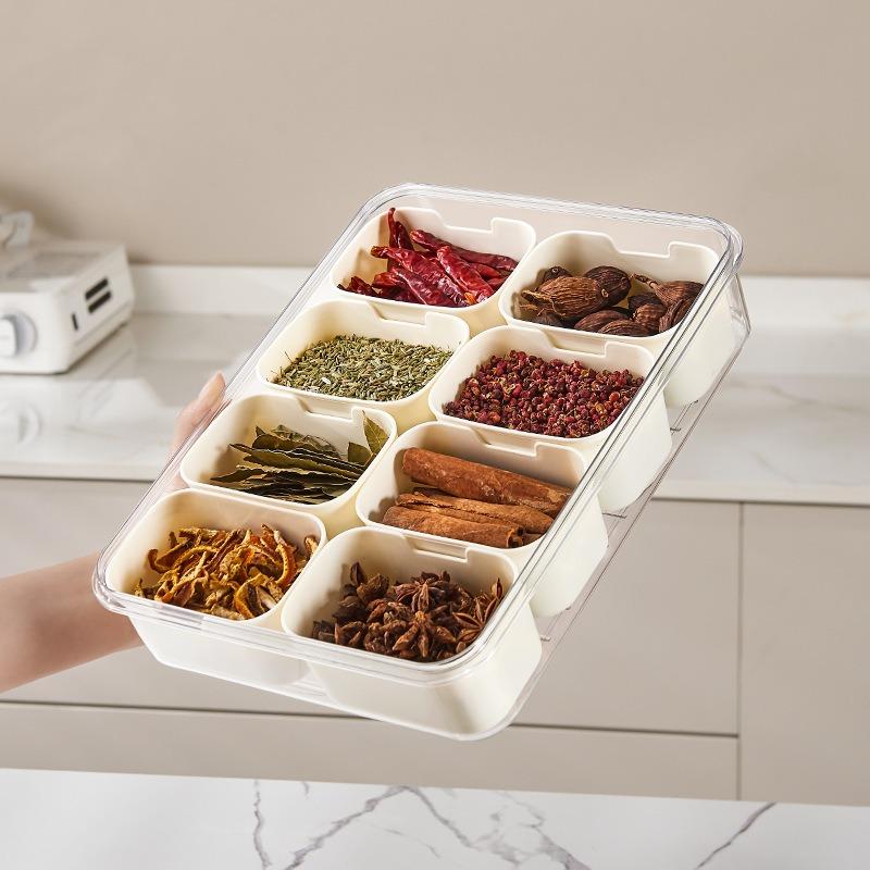 Plastic Kitchen Seasoning Storage Box with Airtight Seal, Divided Compartments, Transparent, for Spices and Grains