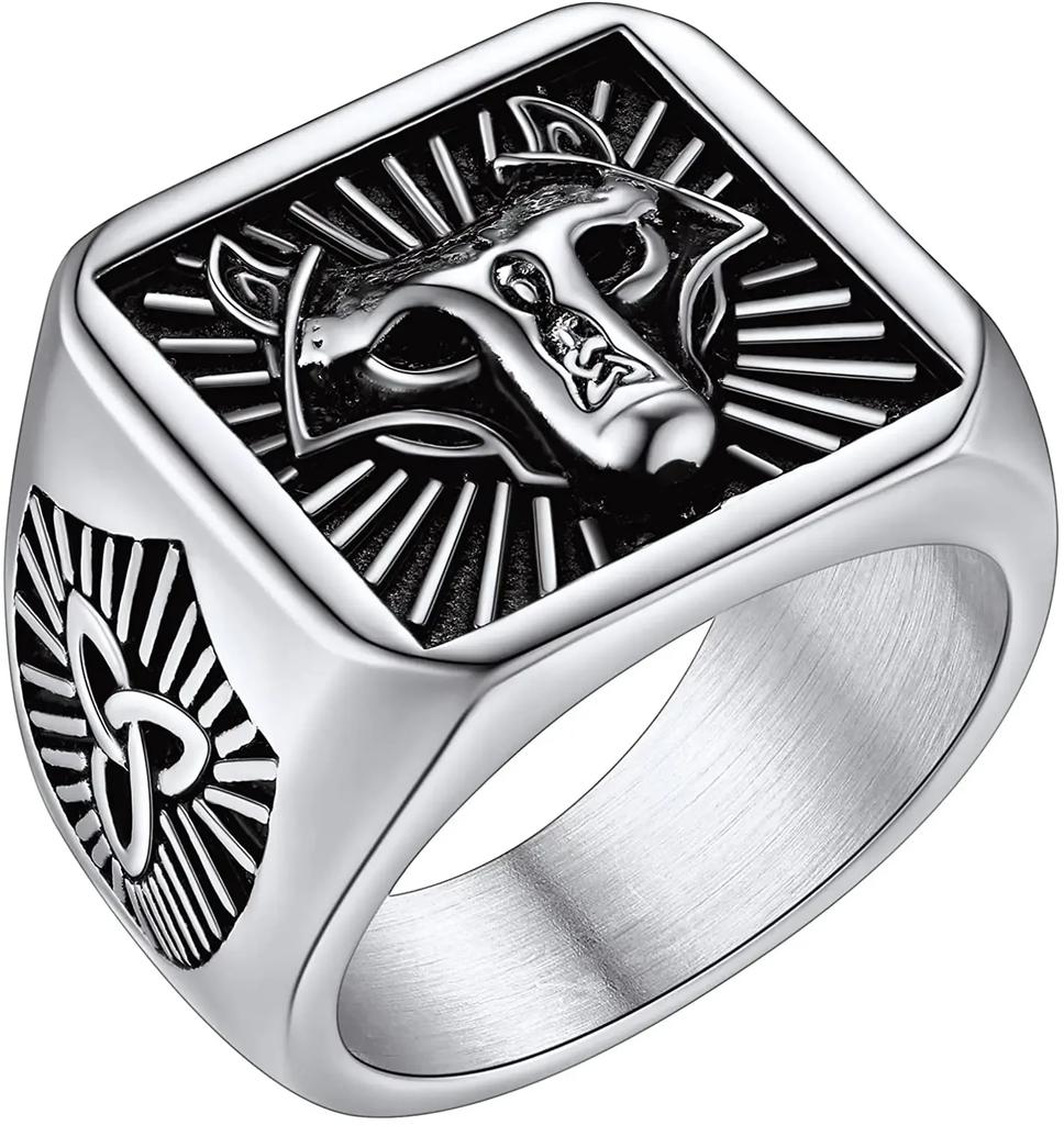 Edelstahl Wikinger Runen Siegelring für Männer Frauen Nordischer Wolfskopf Schwarzer Onyx Schmuck Größe 7-14