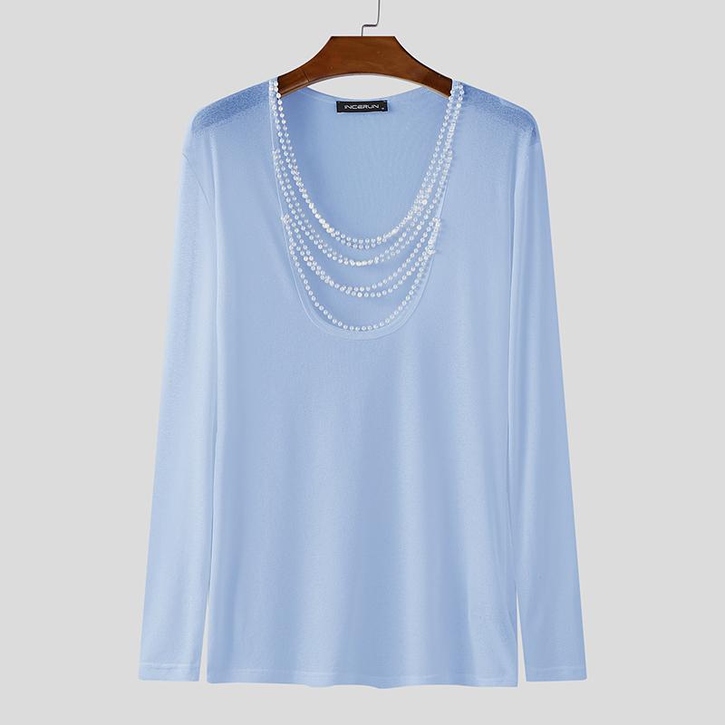 INCERUN Men Beading Low Cut Neck Long Sleeve Fitted Tops T-shirts Undershirts