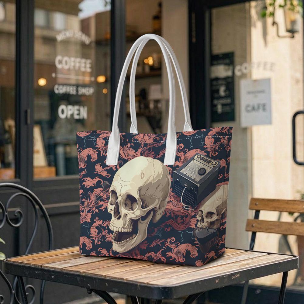 Gothic Skull Pattern Tote Bag Retro Design Daily Use Shoulder Bag Stylish Shopping Handbag