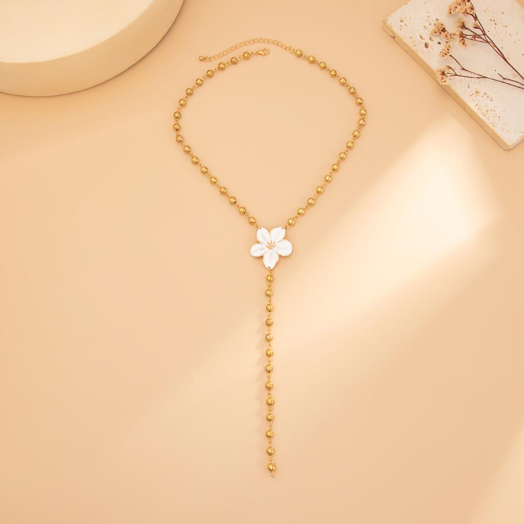 Light luxury niche oil dripping flower y-shaped necklace, simple round bead chain beaded collarbone chain