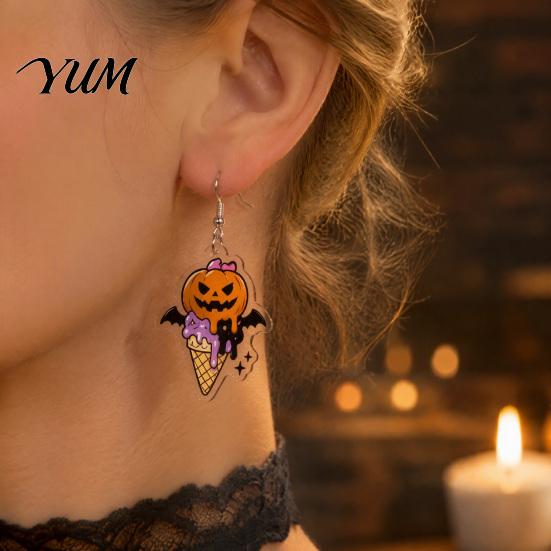 Acrylic Dangle Earrings 1 Pair Halloween 2D for Women, Spooky Pumpkin Skull Cool Aesthetic Black Cat Drop Earrings, Holiday Jewelry Gifts Party