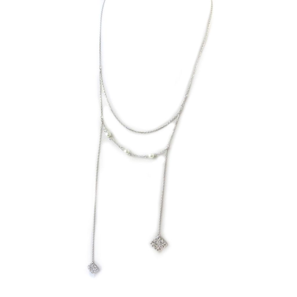 Les Trésors De Lily [N7312] - Silver Ivory 'Carmen' Long Necklace (rhodium-plated) - 14 Cm