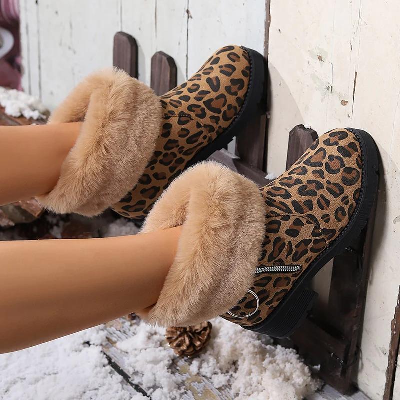 Winter Women's Boots Leopard Print Suede Ankle Boots Women Fluffy Fur Boots Winter Plush Warm Cotton Shoes Botas Invierno Mujer
