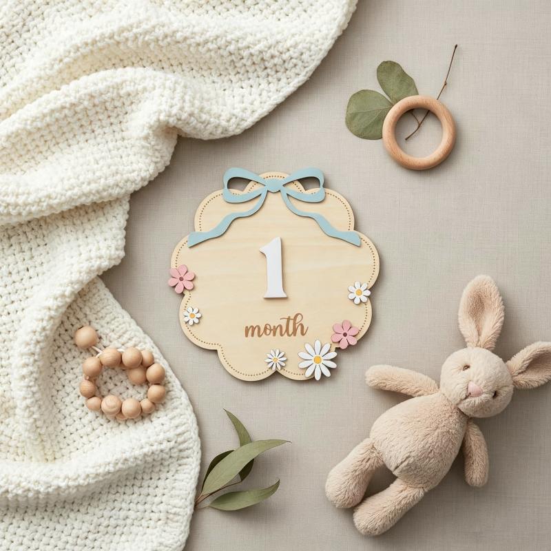 Marqueurs de jalons mensuels pour bébé en bois non toxique, nœud rose, style floral, accessoires adorables pour photos de nouveau-né pour album souvenir