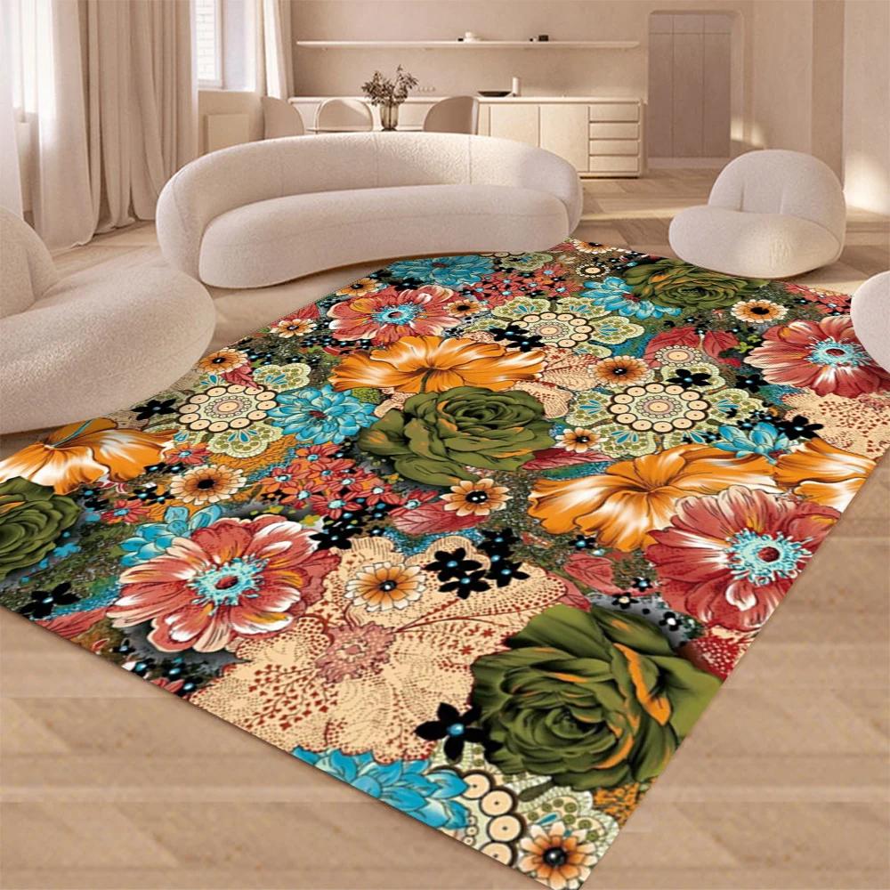 Retro Bloom Design Non-Slip Rug Soft Carpet for Bedroom Living Room Kitchen Coffee Table Floor Mat Indoor Rug Machine Washable