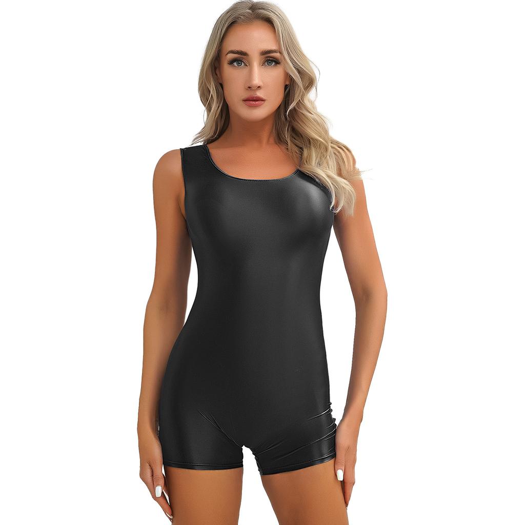 Womens Glossy Sleeveless Short Jumpsuit Solid Color U Neck Bodysuit
