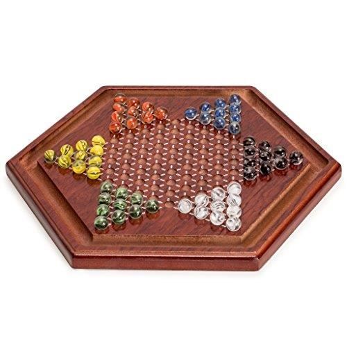 Yellow Mountain Imports 13.6-Inch Wooden Chinese Checkers Board Game Set with Colorful Glass Marbles