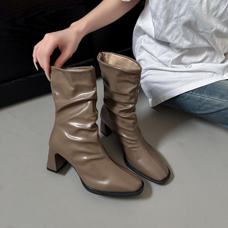 2025 Medium Boots Black Pleated Square Head High Heel New Thick Heel Retro Thin Boots Short Women's Boots French Stacking