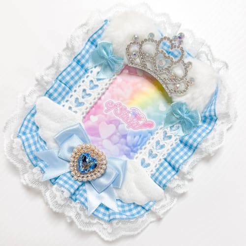 efShop Trading Card Case B8 [Cat Ear Gingham Check] Hard Case Top Loader for Oshikatsu (Light Blue, Heart)