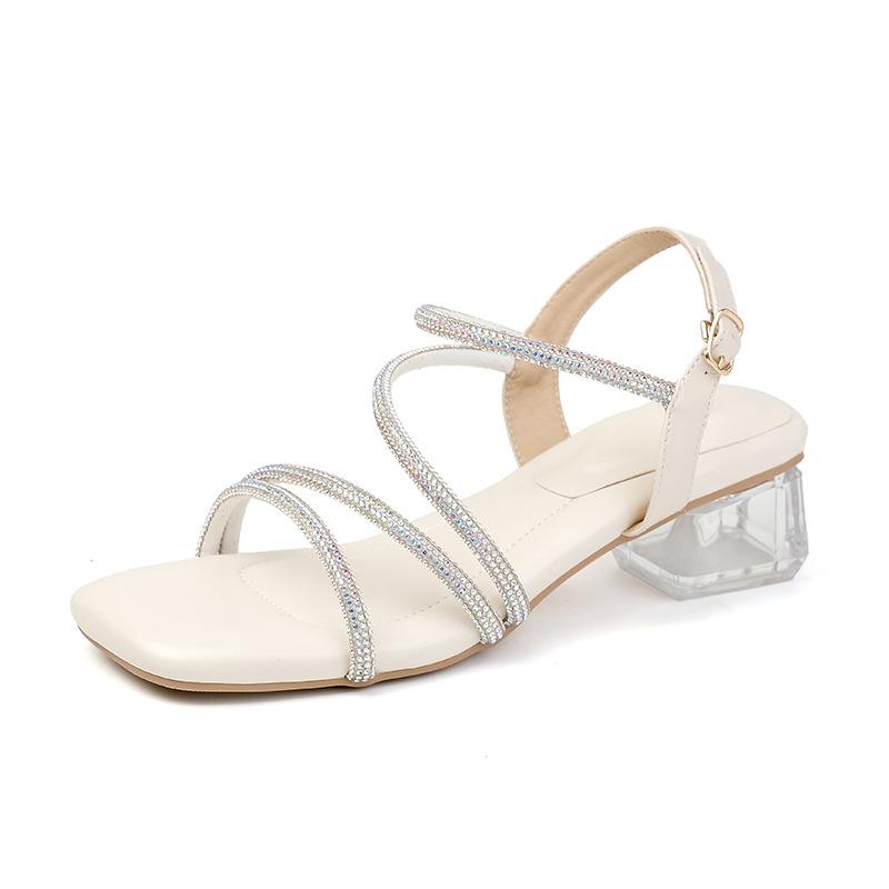Fashion Delicate Ladies Clear PVC Heels Shoes Summer Diamonds Band Sandals Woman Med-High Heeled Ankle Strap Sandalias Femmes Flipflops