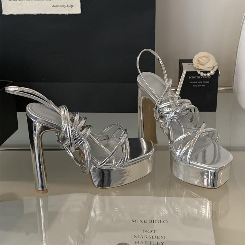 Mode 15cm Ultra High Heels Mode Plateau Wedges Damen Gladiator Sandalen Sexy Schmaler Riemen Knöchelriemen Nachtclub Party Klobige Schuhe