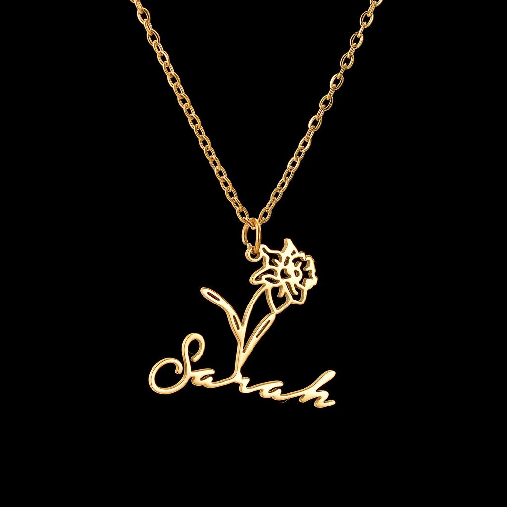 Atoztide Custom Name Necklace for Women Personalized Birth Month Flowers Stainless Steel Jewelry Choker Chain Birthday Gifts