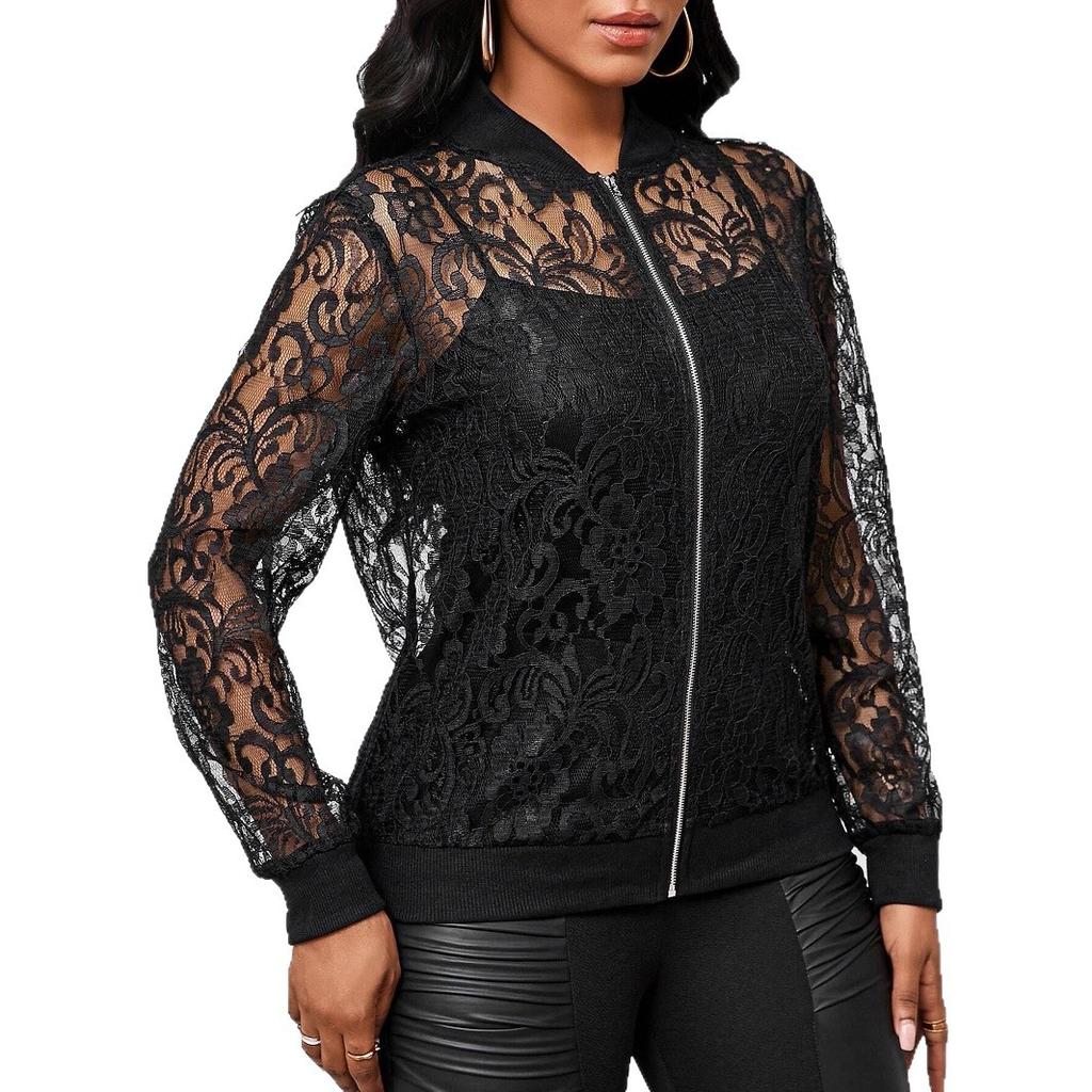 Lace Short Coat For Women Spring And Summer Thin Zipper Cardigan Long-sleeved Slim Fashion Versatile Solid Color Top