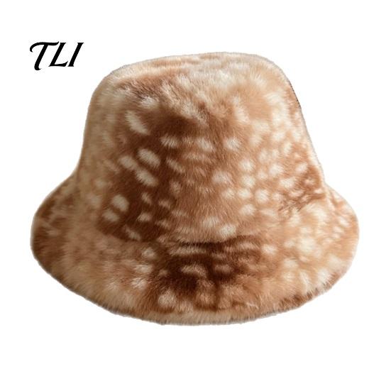 Soft Plush Winter Cap Women Spotted Deer Hat, Faux Fur Bucket Hat Scarf, Cozy Furry Fisherman for Girls, Autumn Accessory Fashionable