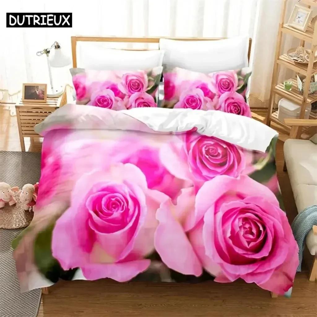 New 3D Print Rose Pink Lovers Comfortable Duvet Quilt Cover Pillowcase Bedding Set Children Bedroom Decoration Home Textile