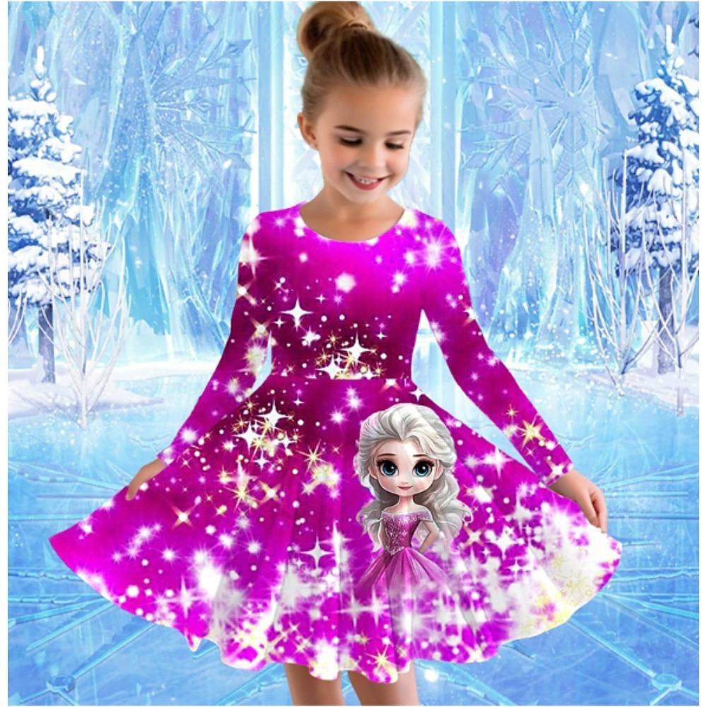 Girl Casual 3D Print Round Neck Long Sleeve Dress Kid Princess Dress