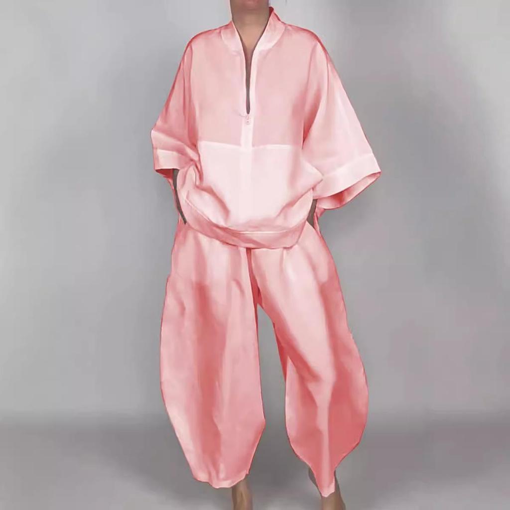 2024 Women's Autumn Loose Casual Half-Zip Top & Bloom Pants Set