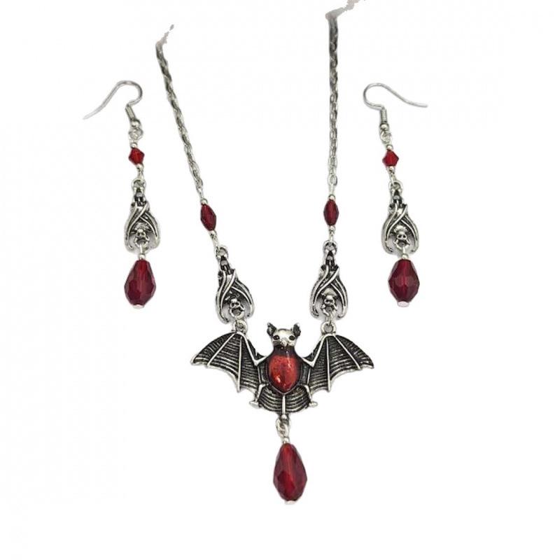 Gothic Vampire Bat Necklace with Red Crystal Beads In Retro Silver Style
