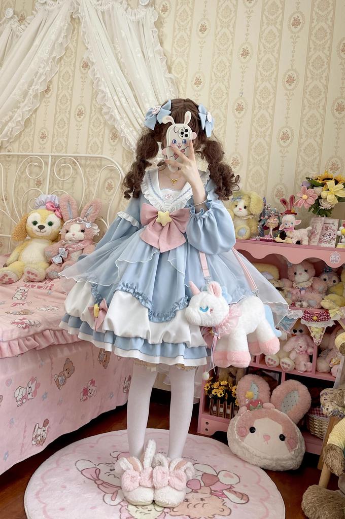 XHSUKADO Lolita Long Star Sailor Cat Claw Bunny Light Size M Women's Dress, Sleeves, Spring, Summer, Fall, Dreamy, Cute, Ribbon, Pattern, Collar,