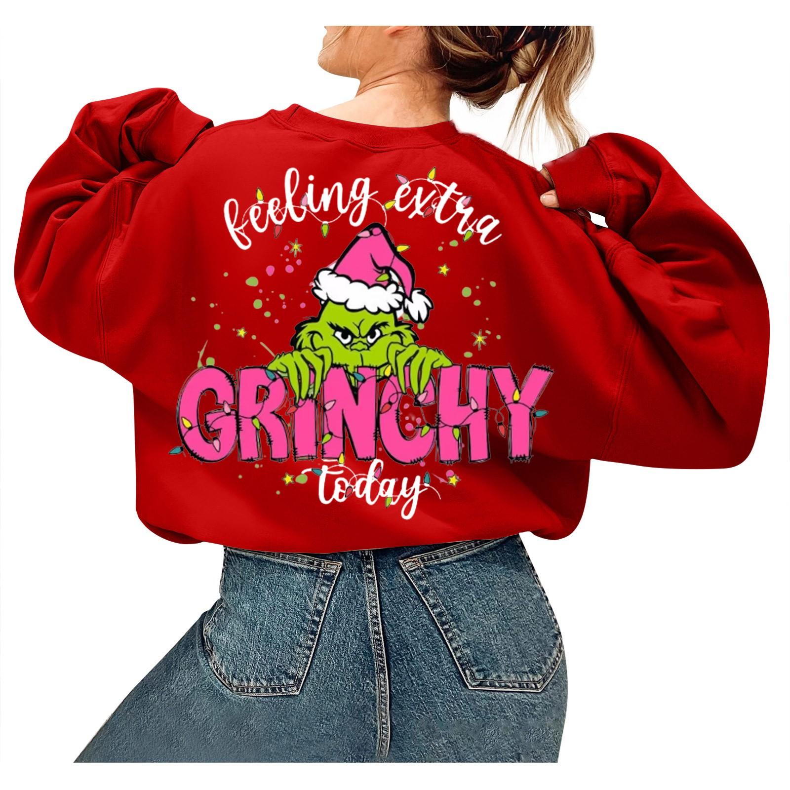 

Женский пуловер с рождественским принтом, блузка с круглым вырезом, заниженными плечами и длинными рукавами L красный