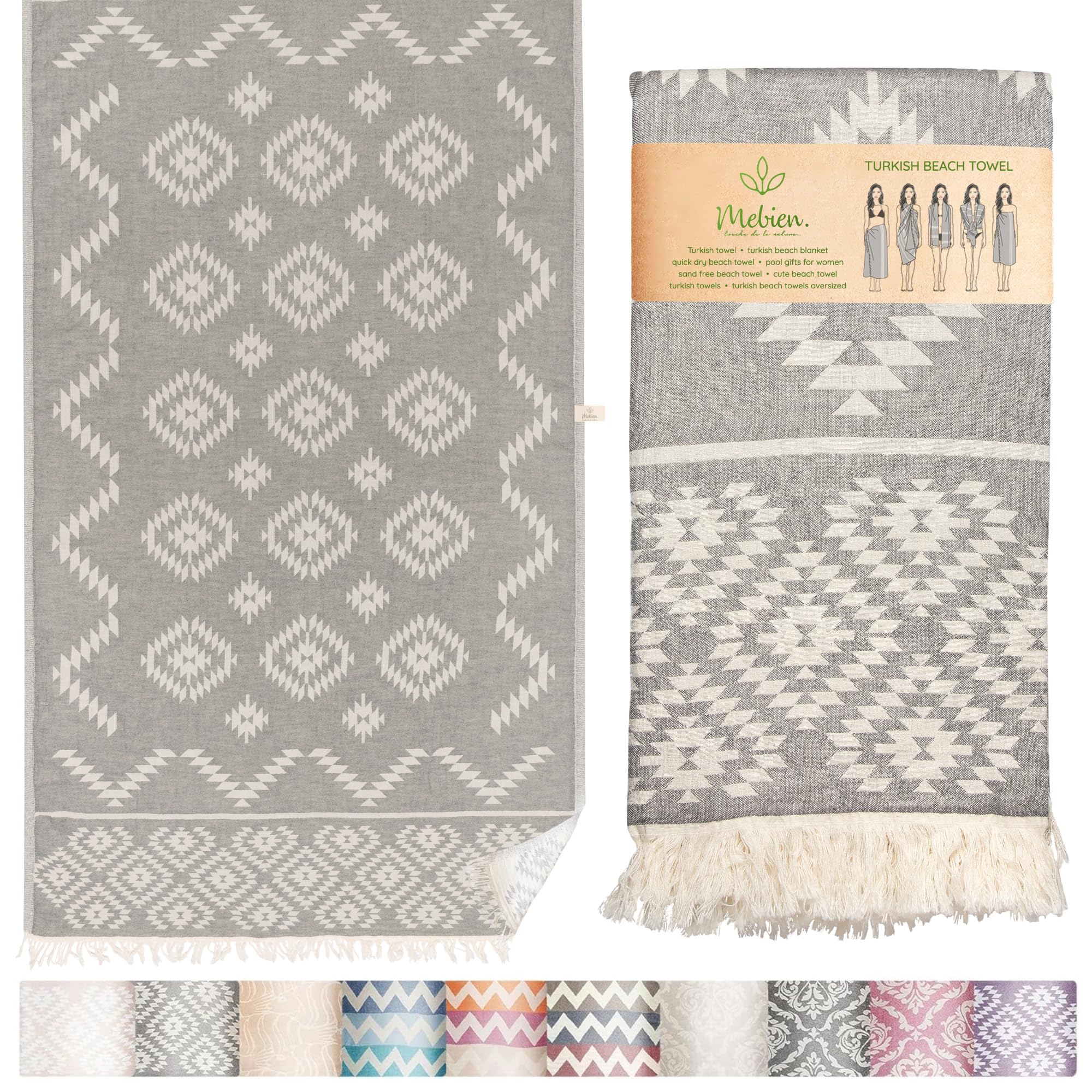 Mebien touche de la nature Premium Turkish Beach Towel – 35  x 67  Lightweight Quick-Drying Towel – 100% Cotton Sand-Free Turkish Towel – Vintage Dark