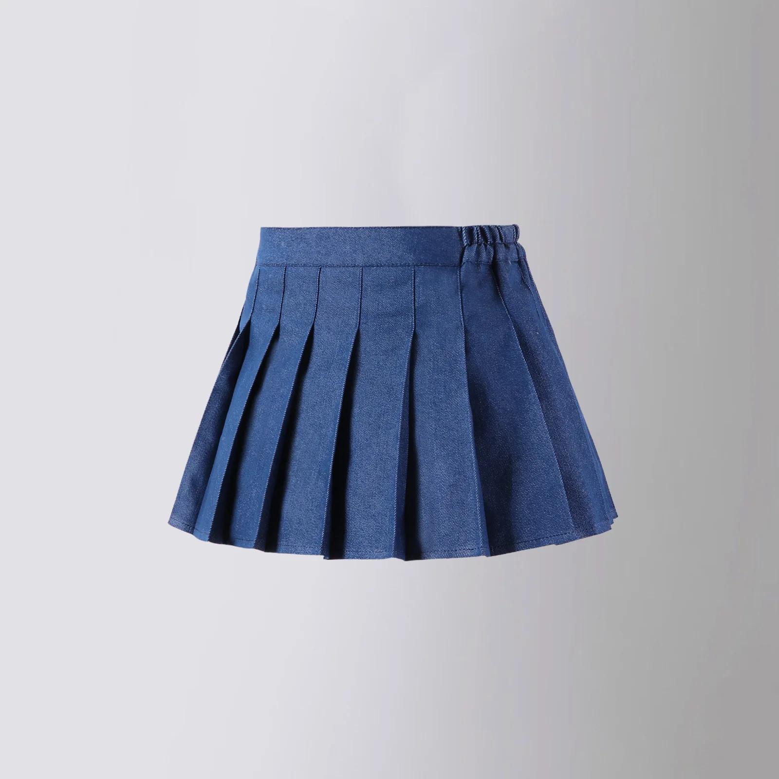 

Юбка джинсовая плиссированная 2025 года, новинка, синяя, модная, универсальная, школьная, подростковая, детская, короткая юбка, повседневная, детская, трапециевидная юбка с шортами 120cm синий