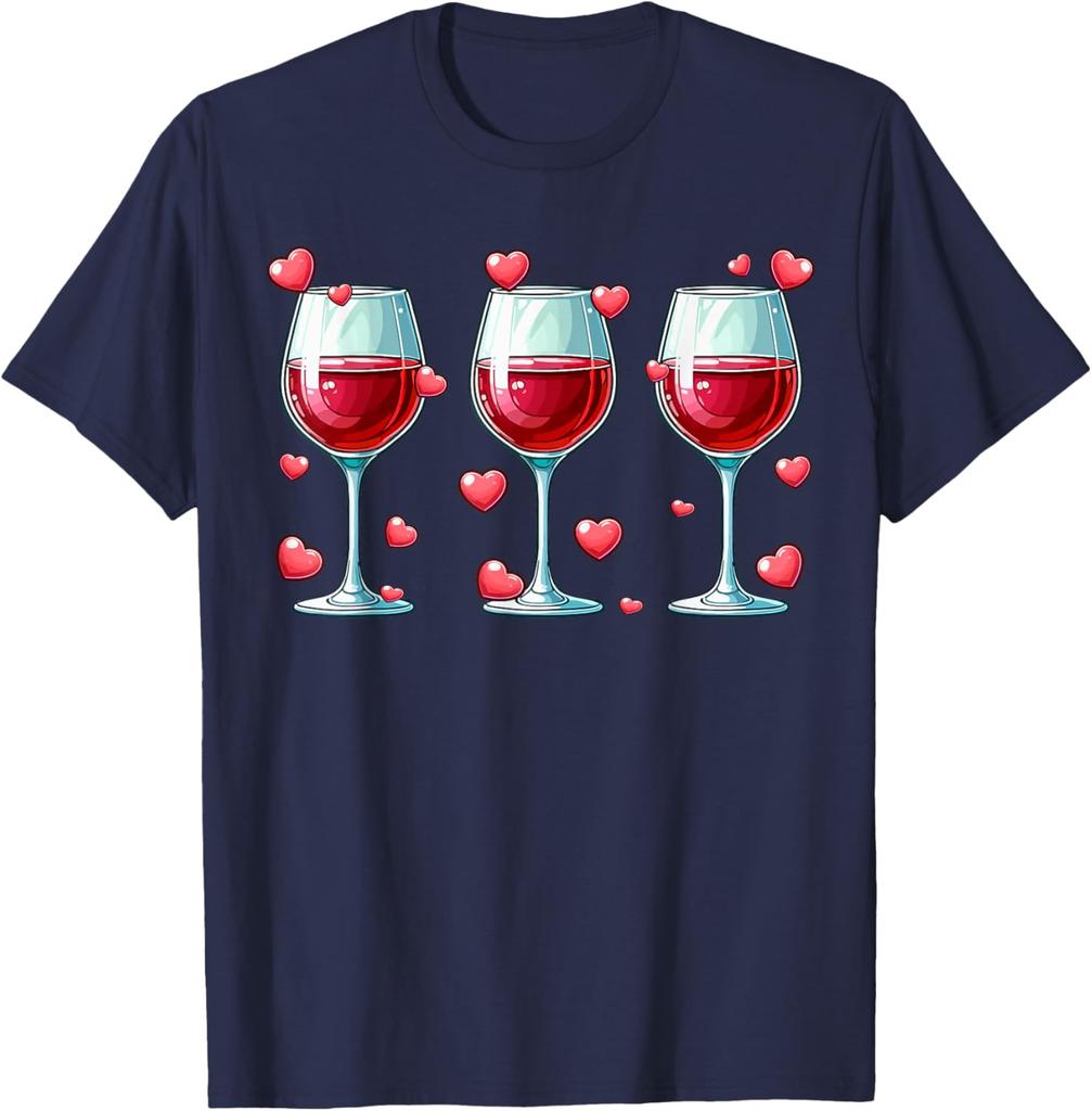 Red Wine Glasses Hearts Valentine Drinker Couple Lovers Graphic Tee Casual T-Shirt