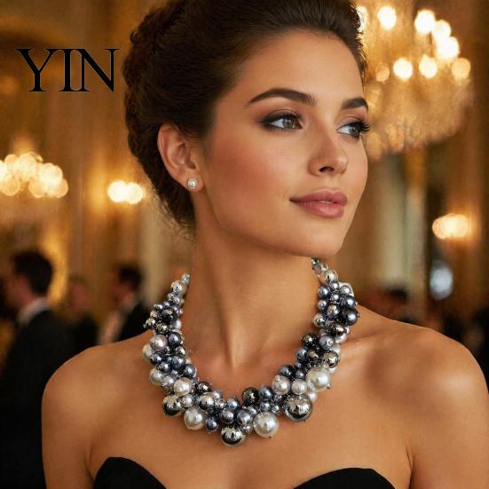 Chunky Faux Pearl Necklace 1 Set Jewelry, Beaded Choker And Square Neck Earrings, Metallic for Women Dinner Parties Wedding Off Shoulder