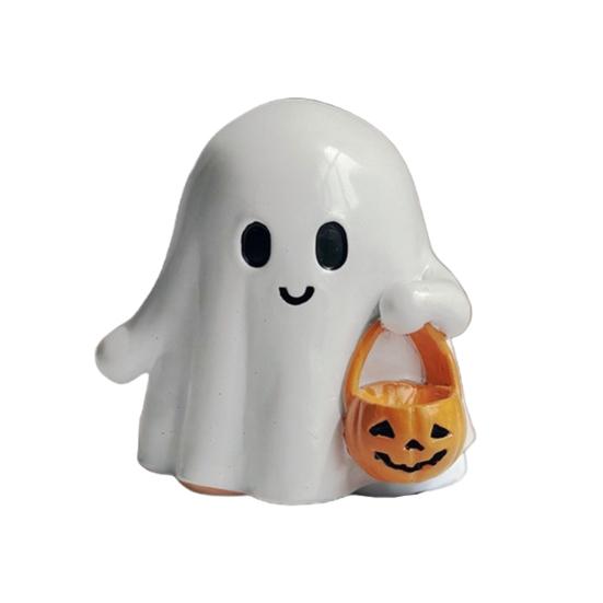 Halloween Ghost Figurine Resin Ghost Ornament Holding A Pumpkin Lantern Glossy Finish Ghost Statue for Home Office Desk Shelf Decor